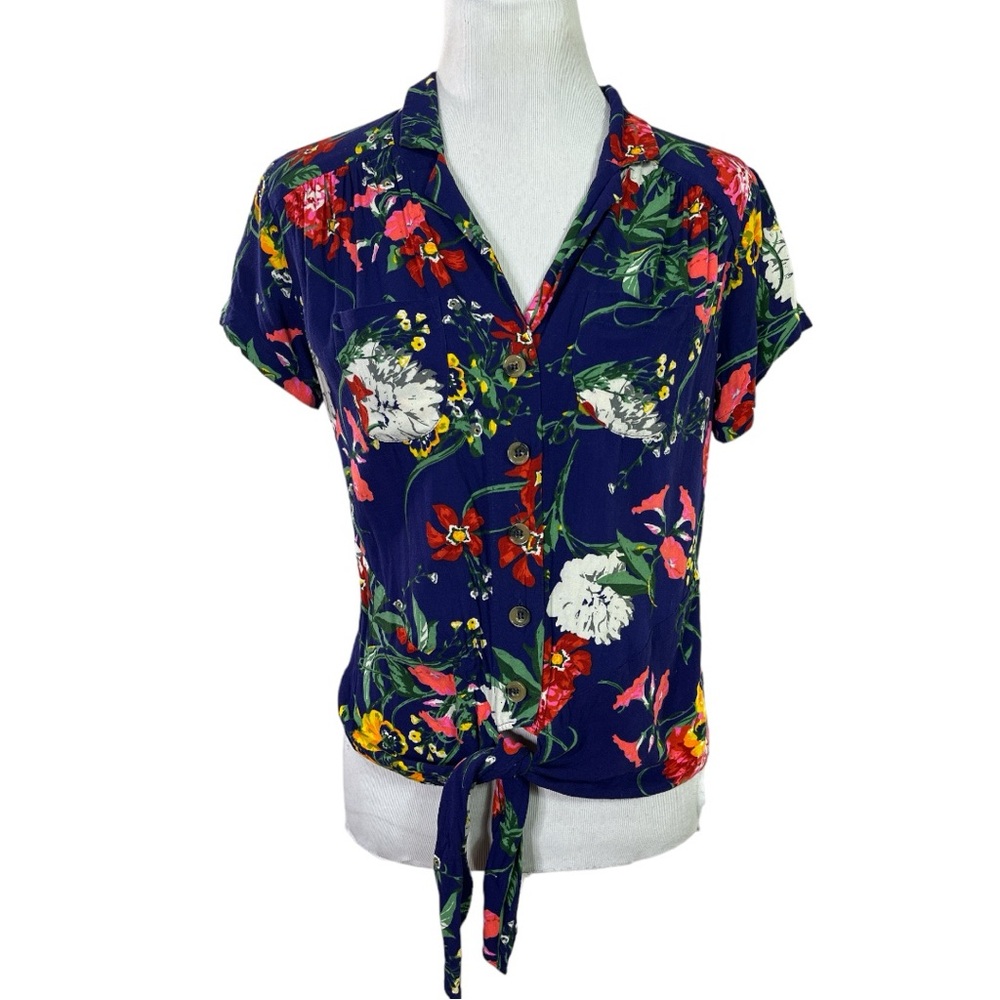 Anthropologie Maeve Navy Floral Tie Front Button Down Top Size 4 - Picture 3 of 9